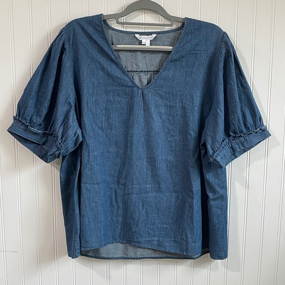 Draper James Chambray Top Blouse V-Neck Short Sleeve Ruffle Cuff XXL